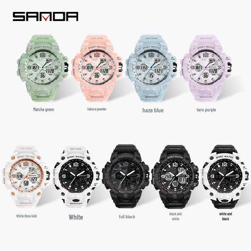 SANDA Women's Trendy LED Dual Display Waterproof Watch with Hourly Chime