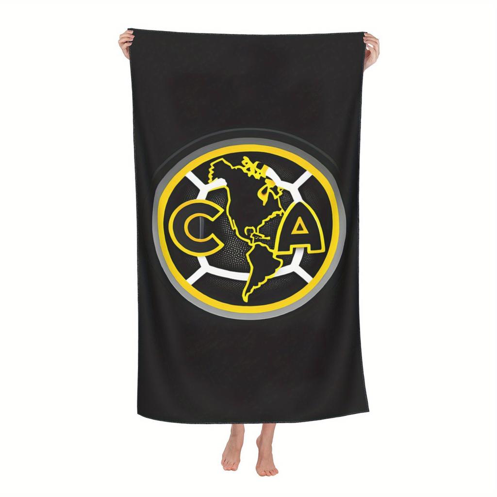 Club Amrica Fußball-Thema Schnelltrocknendes Mikrofaser-Strandtuch – Leicht, Saugfähig, Schwarz mit Gelb-Weißem Logo-Design