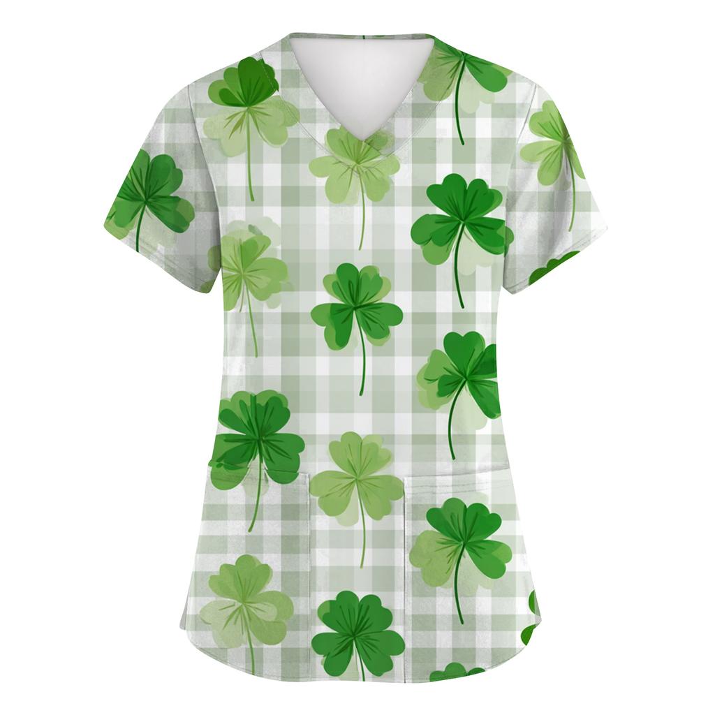 Women's Fashion Short-Sleeve Sleeve St. Patrick's Day Print V-Neck Pocket Workwear Top