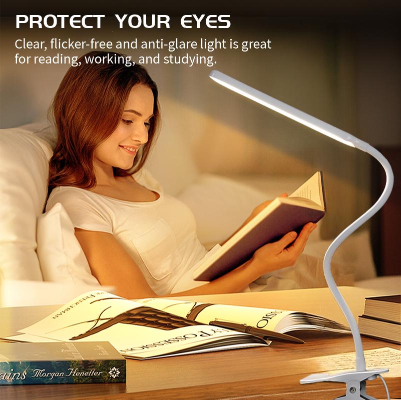 1pc LED Clamp Desk Lamp 3 Light Modes Flexible Gooseneck USB Powered Eye Protection Reading Light Modern Home Office Lighting