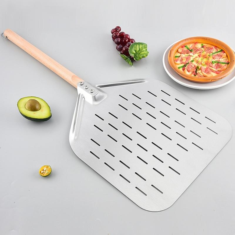 Practical Wood Handle Pizza Shovel 430 Stainless Steel With Large Perforated Pizza Peels For Easy Serving