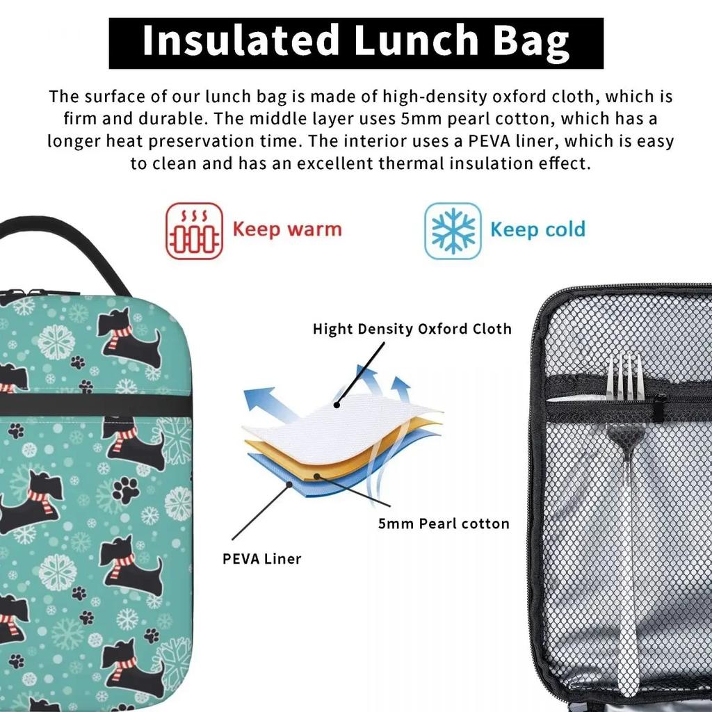 Snowy Scottie Dog Insulated Lunch Bags for Work School Scottish Terrier Resuable Cooler Thermal Lunch Box Women Children