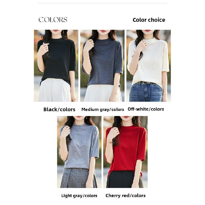 Half-high Round Neck Knit Short-sleeve Top, 2026 Spring-summer New Women's Solid Color Pullover Base Shirt