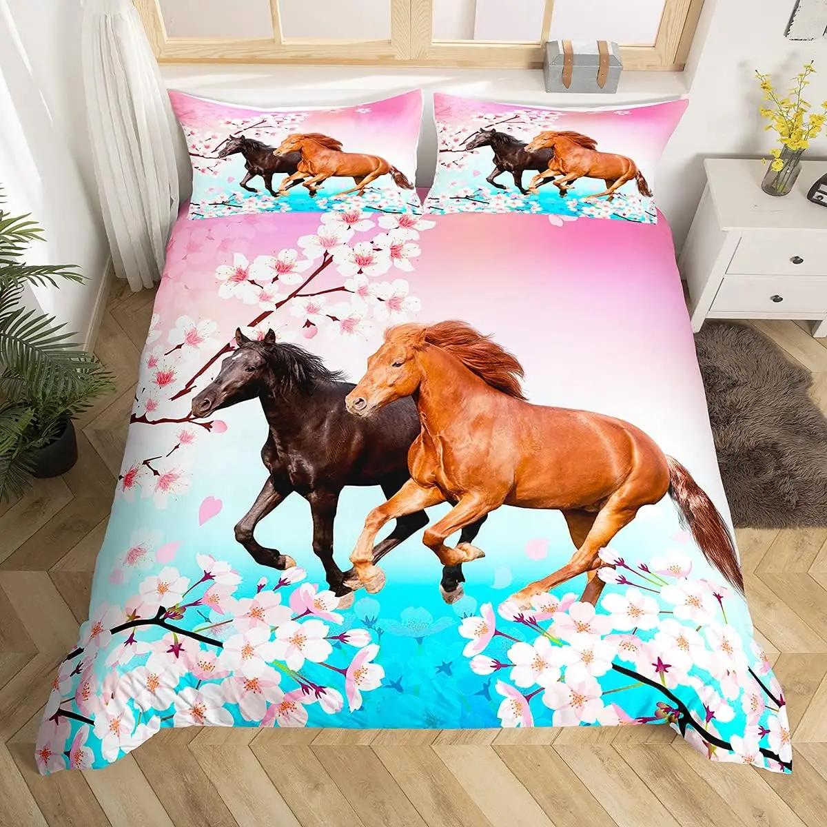 

Comforter Horse Bedding Set For Girls Rustic Farm Horse Queen Pink Cherry Blossom Comforter Gradient Comforter (quilt)-EU Single(135*200cm)3pcs