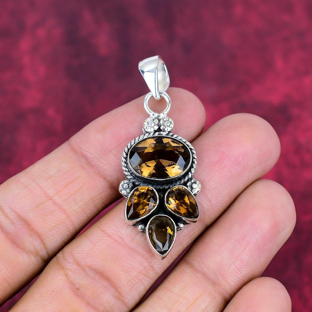 Joyería de topacio ahumado, colgante de piedra preciosa hecho a mano, colgante de plata de ley 925 maciza, joyería antigua, para regalo de compromiso