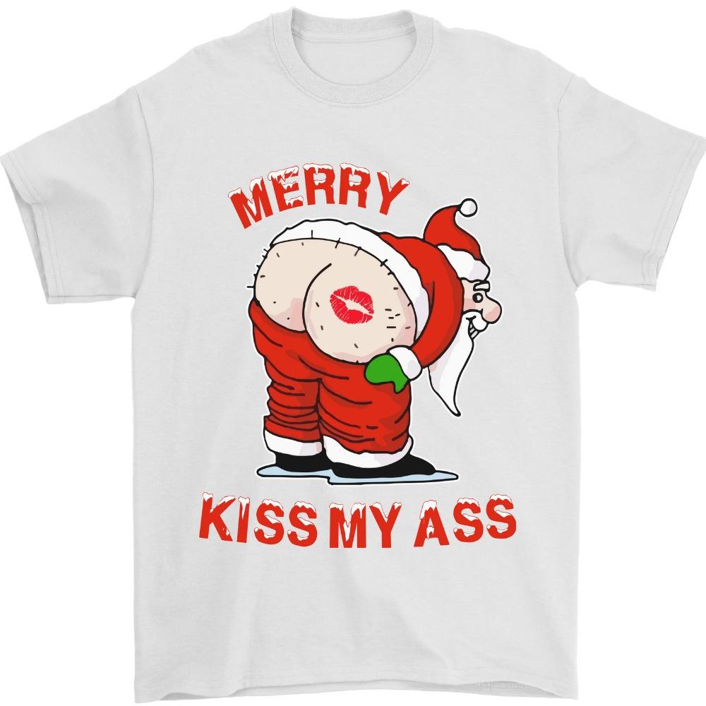 Merry Kiss My Ass Funny Christmas Rude Mens TShirt High Quality Cotton Tops Christmas Happy Gender-Neutral Humorous Summer Shirt
