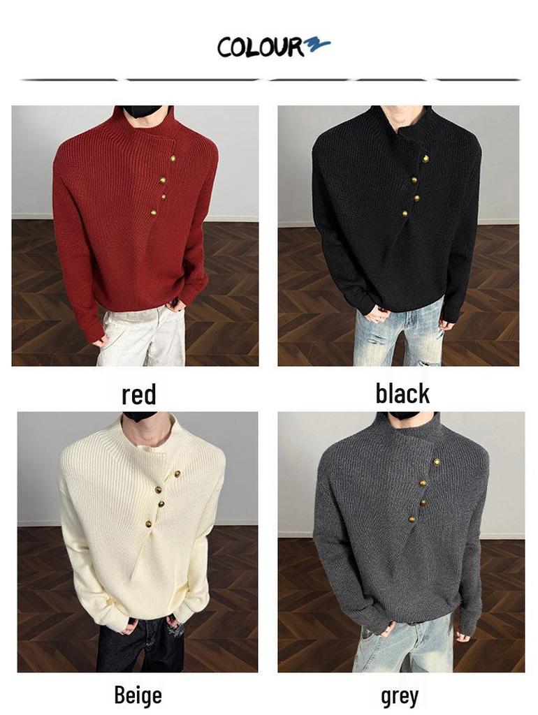 Hoge Hals Trui voor Mannen in Koreaanse Stijl met Onregelmatig Knopenontwerp - Trendy, Cool, Casual Gebreide Top