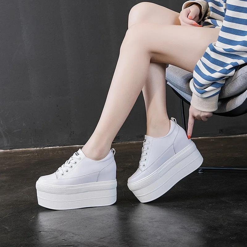 Fashion Hot Sale 12cm Genuine Leather Women Vulcanized Shoes Leather Platform Wedge High Heels White Shoes Lace Up Increase Casual Shoes