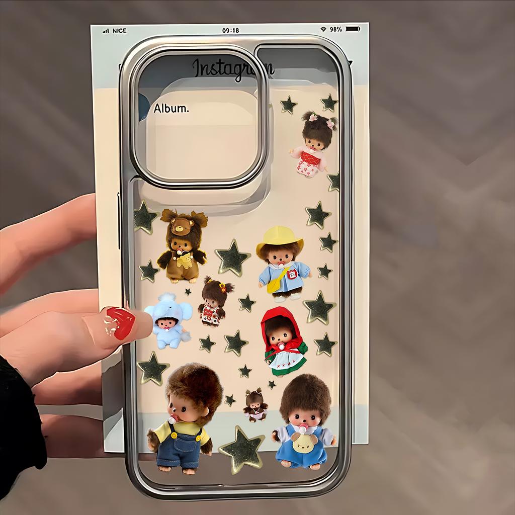 Roztomilý M-monchhichis-s Galvanicky pokovený Průhledný Kryt na Telefon pro iPhone 17 Air 16 E 15 14 Plus 13 12 Mini 11 Pro Max Silikonový Obal