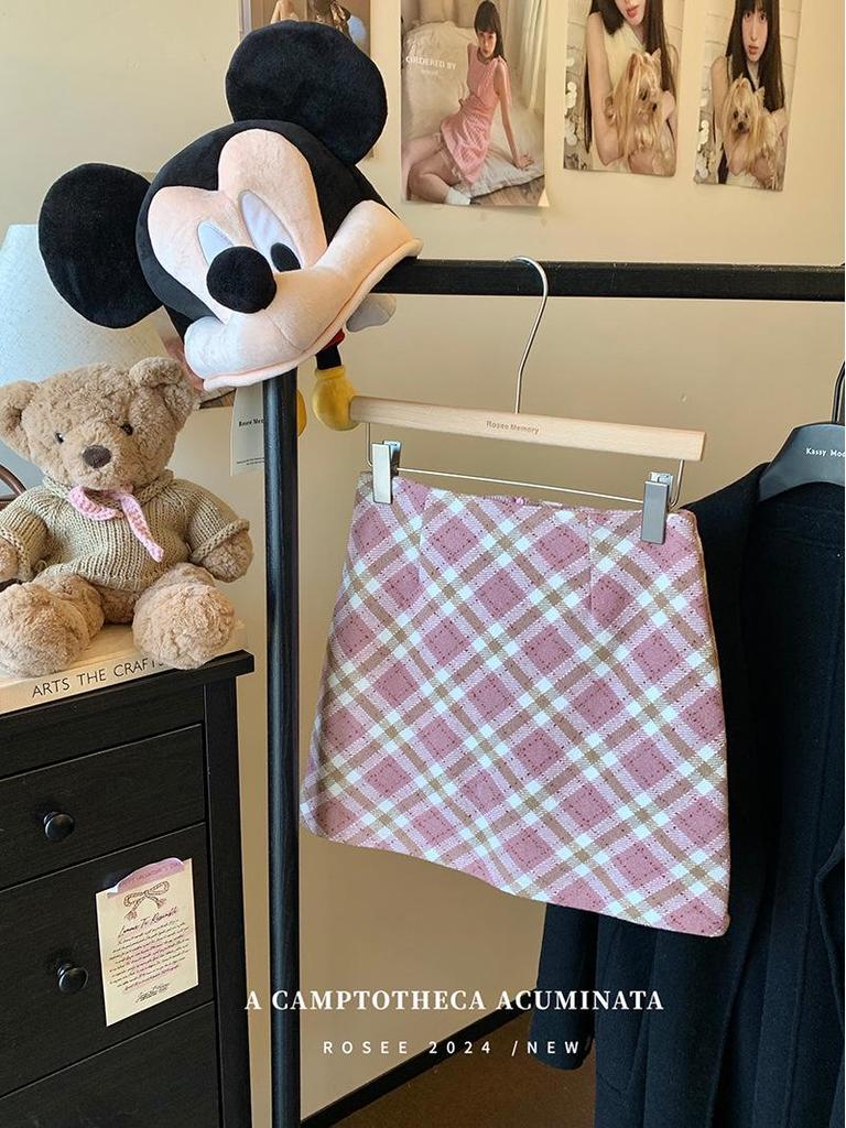 Academy Style Pink Plaid A-line Wool Skirt - Hip-Hugging for Spring & Autumn