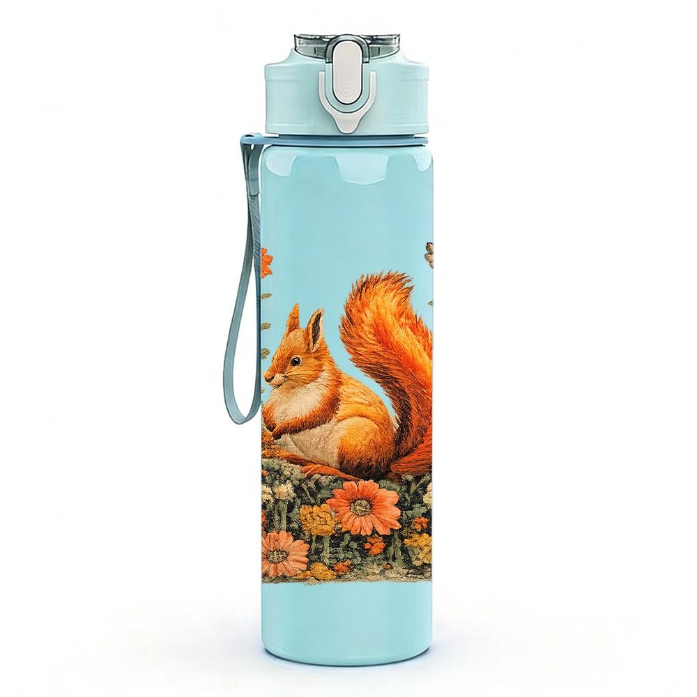 1PC Squirrel Autumn Harvest Scene Print 750ml Color Plastic Sports Water Bottle Leakproof Flip Straw Lid Suitable for Sports Office Home Use