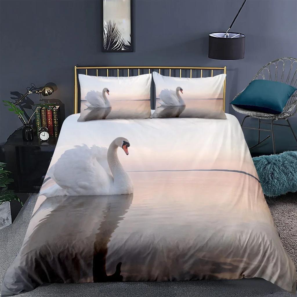 Print Swan Bedding Sets US King 259x229cm High Quality Super Soft Comfortable Cotton Bedding Set Home Textile Duvet Cover Set