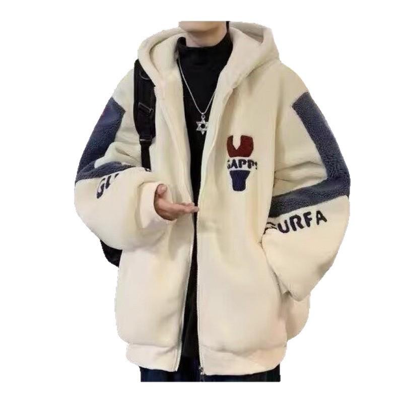 Men's Youth Lamb Plush Jacket - Warm, Thick, Hooded Cotton Coat for Teens and Students.