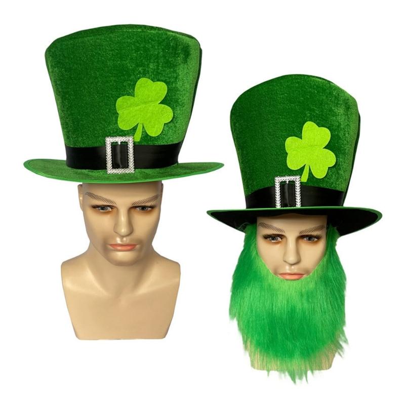 Green Tall Hat StPatrick Day Flat Top Hat Holiday Headdress Irish National Day Celebration Beard Cap Festival Props Hat