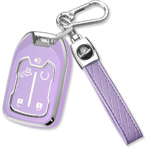 QBUC for GMC Key Fob Cover with Keychain Chrome Silver Trim Soft TPU Protection Case Compatible with GMC Acadia Sierra Terrain and Chevy Silverado