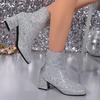 Luxury Sequined Silver Chelsea Boots Women 2025 Autumn Square Toe Rear Zip Ankle Boots Sexy Shiny Gold High Heel Party Booties