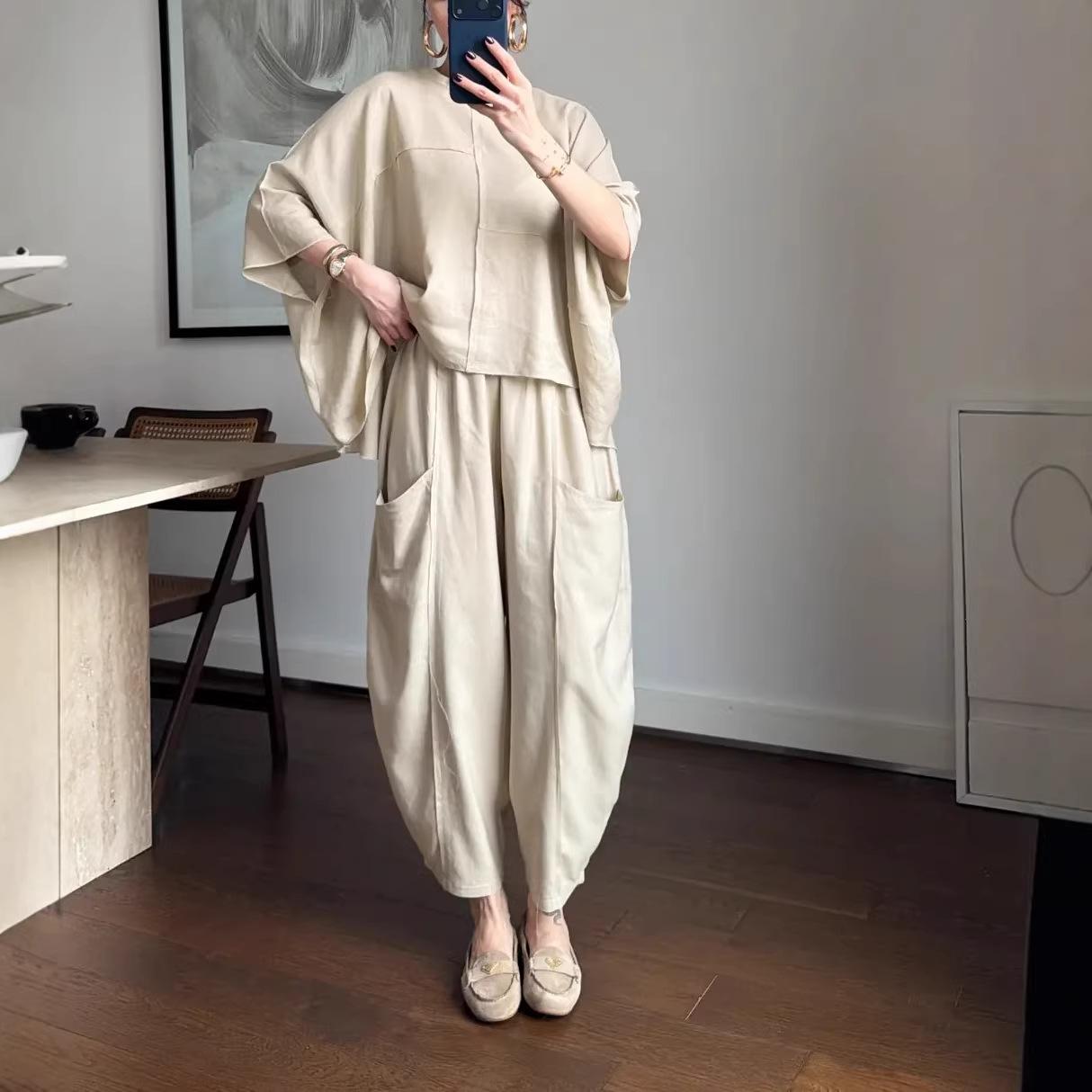 26 Europe, America, Amazon cross-border women s clothing new simple and versatile splicing loose top leg trousers set XS