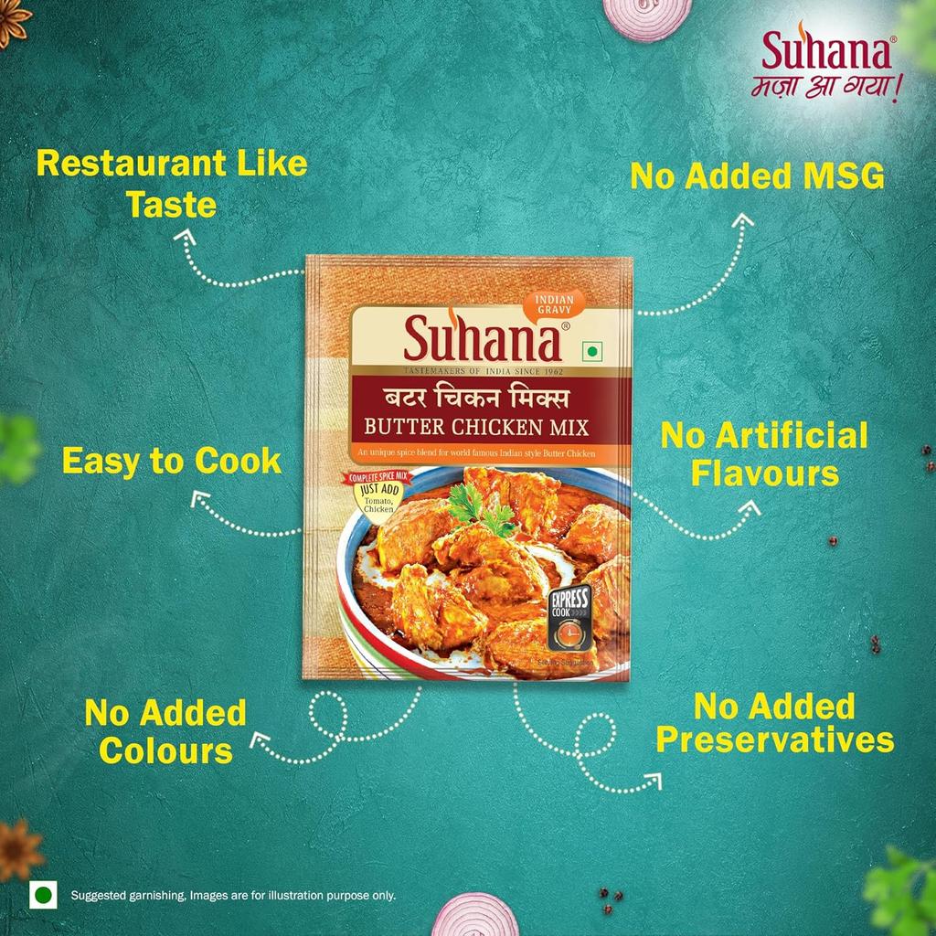 Suhana Masala para Pollo al Mantequilla 50g Bolsita Mezcla de Especias Todo en Uno Estilo Restaurante Solo Añadir Tomate y Pollo