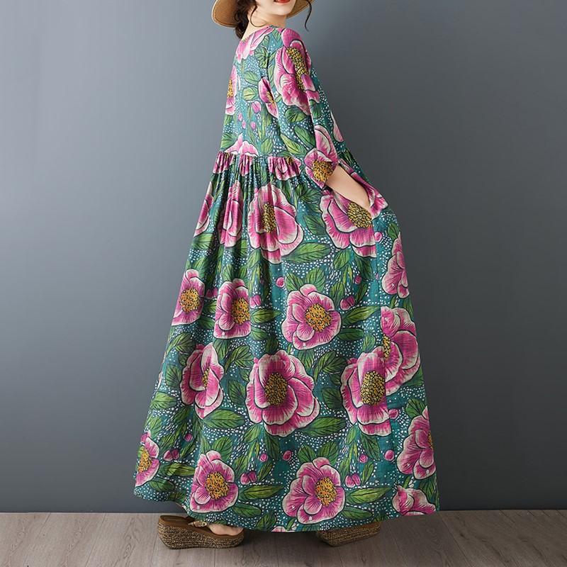 Short Sleeve Plus Size Cotton Vintage Floral New In Dresses for Women Casual Loose Long Summer Dress