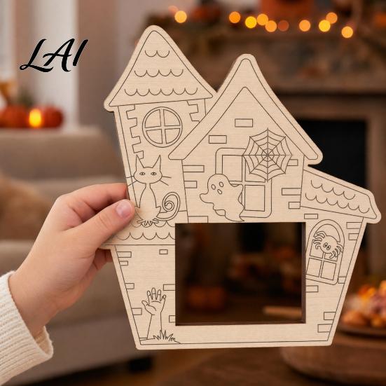 Unfinished Wood Pumpkin Decor DIY Photo Frame Wooden Halloween Picture Frame for Kids Crafts Party Activity Kit Hollow Tabletop Display Holiday Gift