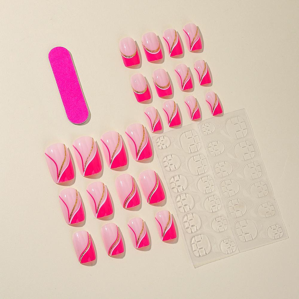 Rose Red Glitter French Edge Short Square Nail Art Patches