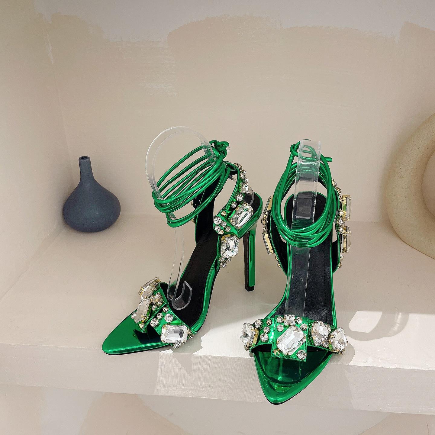 

Роскошные блестящие свадебные туфли на каблуке со стразами, женские туфли-лодочки с перекрестными ремешками, летние роскошные туфли для вечеринок, сексуальные босоножки с открытым носком и острым носком 35