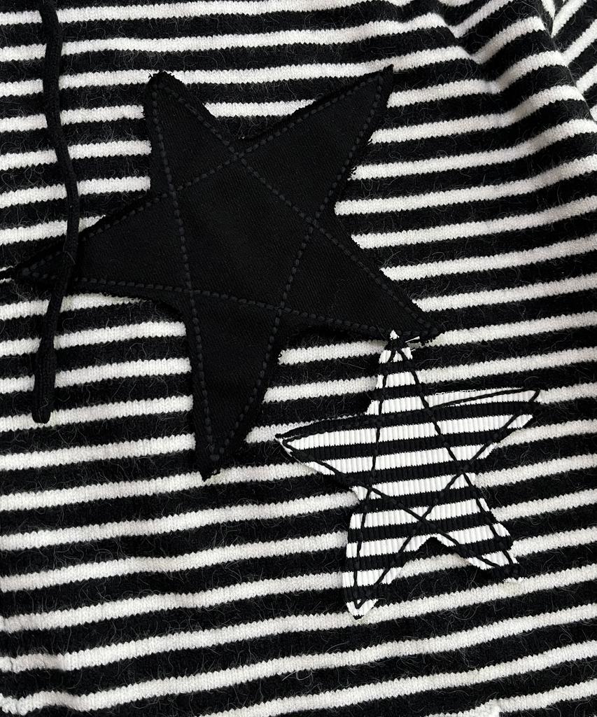 SK8ER ROCK Double Stars Stripe Knit Hood Zip-Up ((Black))