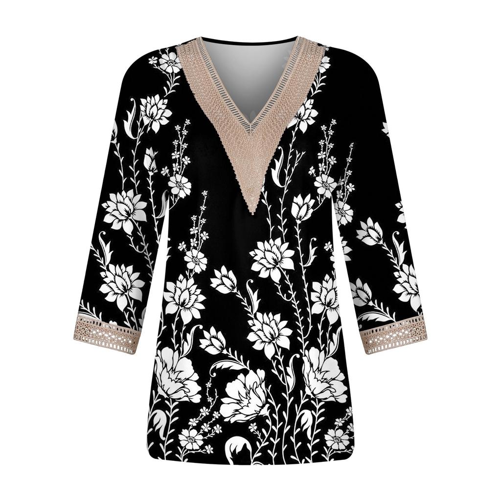 Women's Shirt Blouse Casual Loose Shirts 3/4 Sleeve Lace Trims Print V Neck Tops Print Tops T-shirts Tee