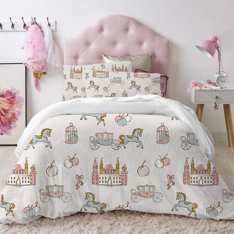 Krásná princeznovská dětská ložní souprava 150x200 Hrad povlak na přikrývku povlak na polštář přehoz na postel pro dívky jednolůžko velikost povlak na přikrývku 200x200
