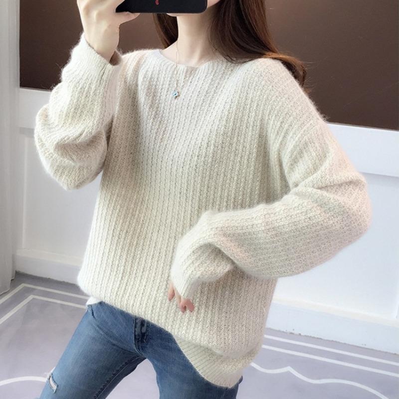 Свитер женский осенний стиль свободный ленивый стиль круглый вырез длинный рукав однотонный повседневный вязаный свитер женская базовая рубашка внешняя торговля one size белый