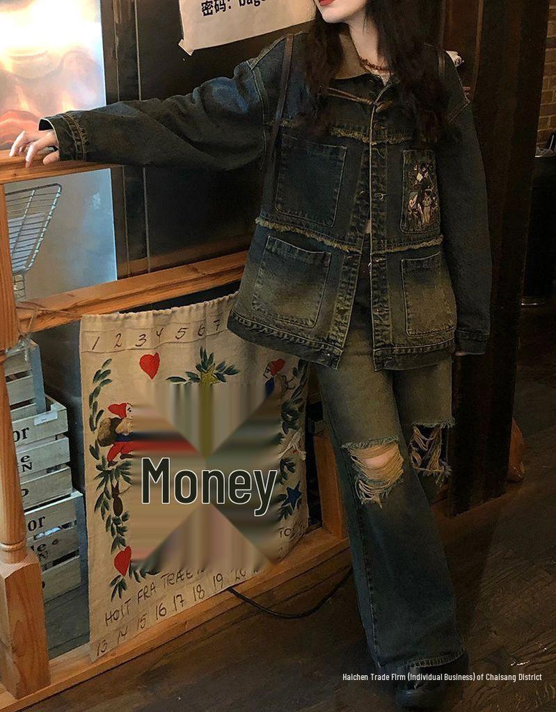 2025 Playful Green Embroidered Denim Jacket - Spring/Autumn Retro Style | Free Shipping