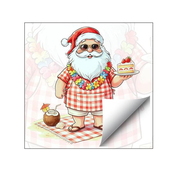 Summer Christmas Stickers Picnic Santa Claus Wall Sticker, Waterproof PVC Plaid Decal Mural Decals with Cake Design, Removable Art Decor for