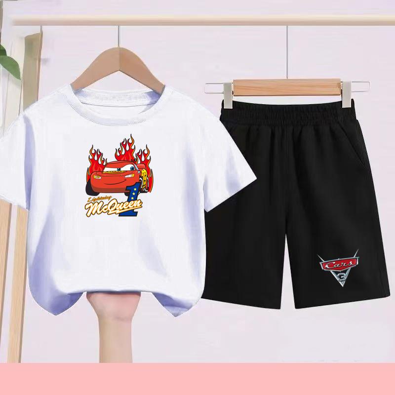 Children Aged 3 to 14 Summer Fashion T-shirt set Children Disney Car Print T-shirt + shorts Girl Boy Casual Tops Toddler Clothes