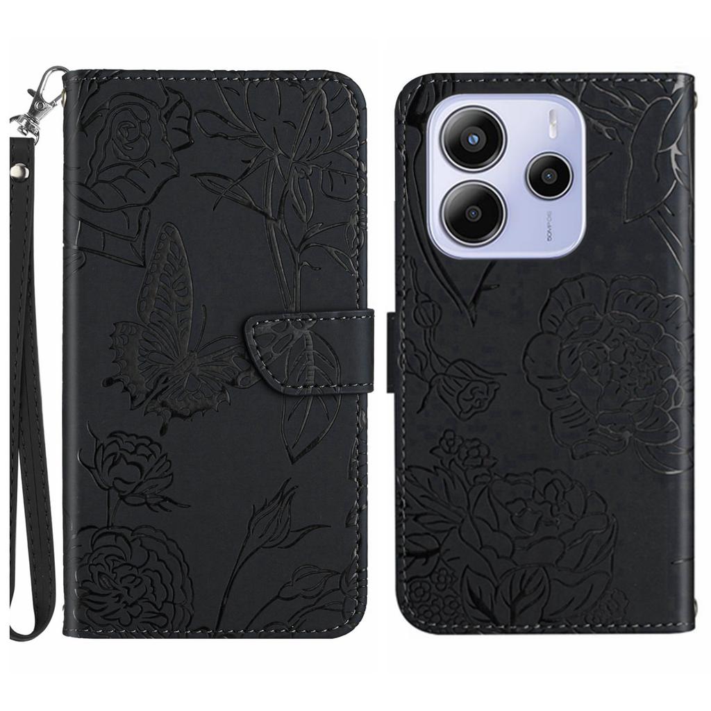 For Xiaomi Redmi Note 14 4G (163.25mm) Case Leather Phone Cover with Strap, Butterfly Flower Imprint