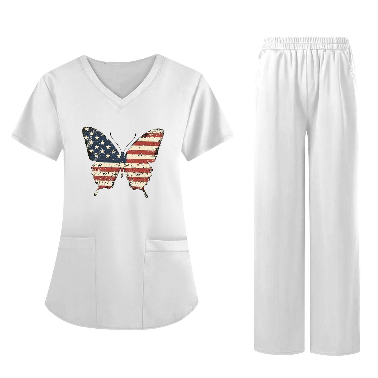 

Women s Fabric Printed V Neck Pocket Short Sleeved Pants Set Workwear XL білий