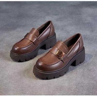 Damskie Loafersy na Grubej Platformie na Wiosnę i Jesień Styl Brytyjski Retro Miękkie Skórzane Buty