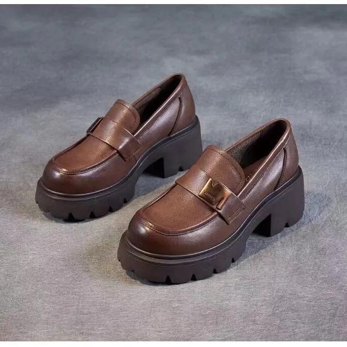 Women's Spring and Autumn Thick-heeled Thick-soled Loafers British Style Retro Soft Leather Shoes