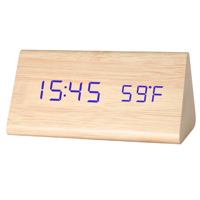 Creative charging LED wooden clock Voice-activated luminous silent desk clock Electronic alarm clock Triangle voice-activated wooden clock