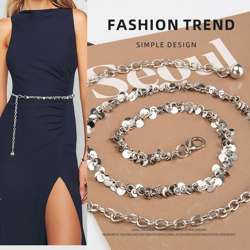 European and American Sequin Decorative Dress Belt Women's High-end Elegant Small Fragrance Style Waist-closing Metal Waist Chain for Girls