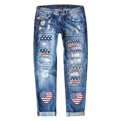 Women's Casual Printed Ripped Jeans - Distressed Denim Trousers for Trendy Streetwear, Comfortable Everyday Fashion Pants for Women