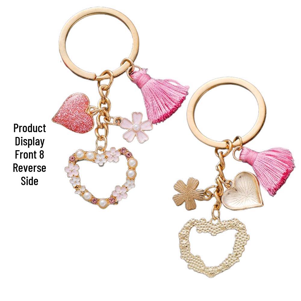 Trendy European & American Pink Tassel Pearl Flower Heart Keychain Pendant