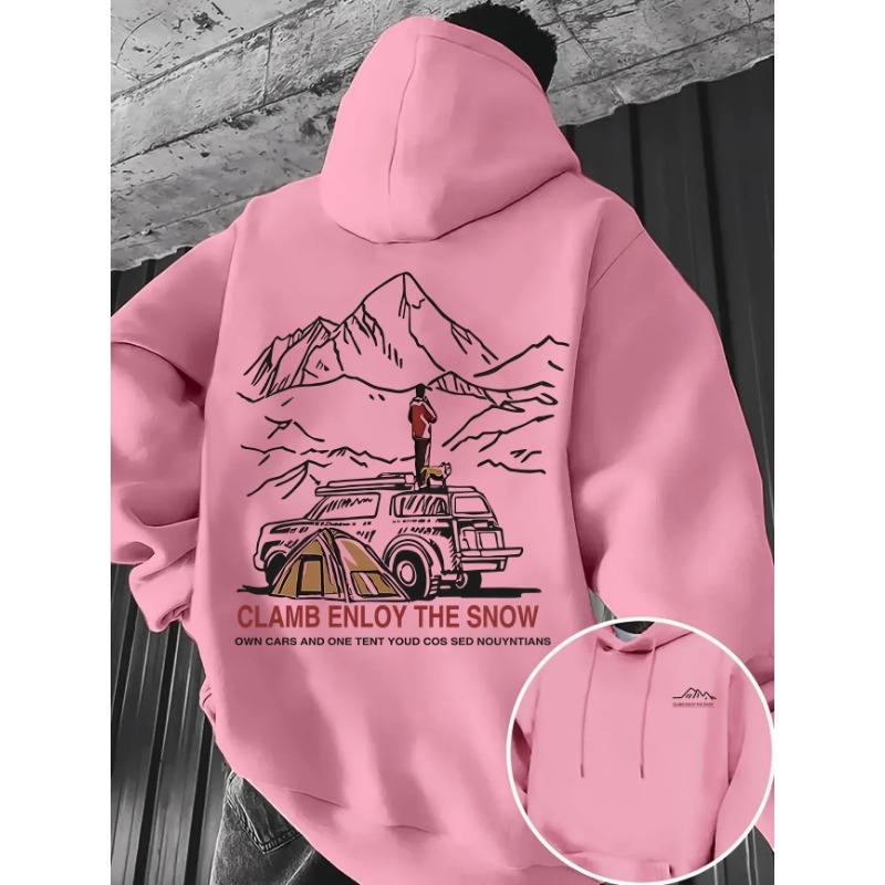 Men's Sweatshirt - Mountain Climbing, Car Driving Camping Print Winter Autumn Thick Fleece, Loose Casual Hooded Pullover Jacket