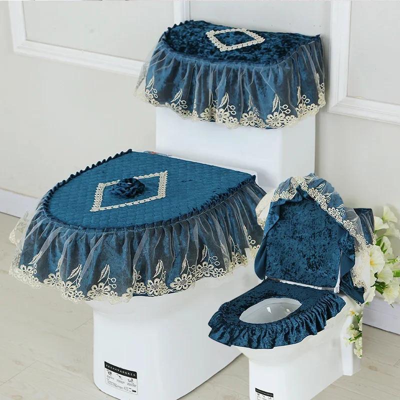3PCS Velvet Skirt Style Toilet Mat Embroidered Lace Decorated Toilet Seat Mat Printed Dust Cover of Toilet Closestool