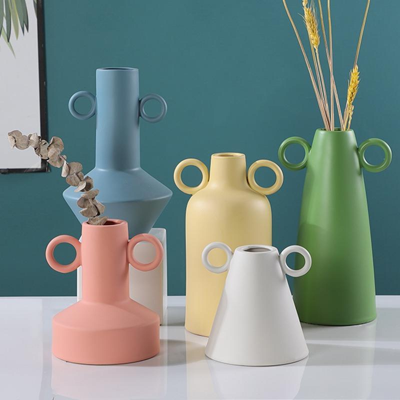 Ceramic Vase Geometric Circular Handle Ceramic Handicraft Plant Pot Floral Arrangement Accessories Home Decoration Vases