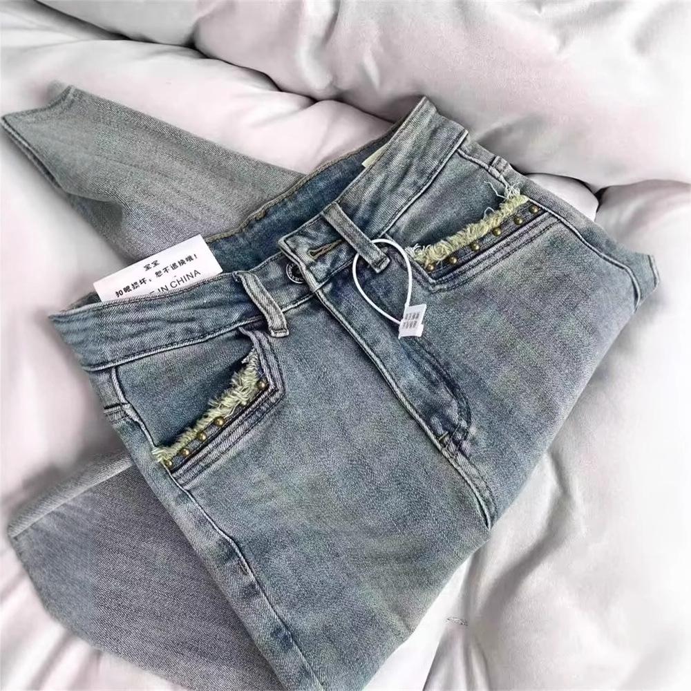 Light Blue High-Waisted Micro-Flare Jeans - Women's Stretch Slim Fit Horseshoe Design for Spring