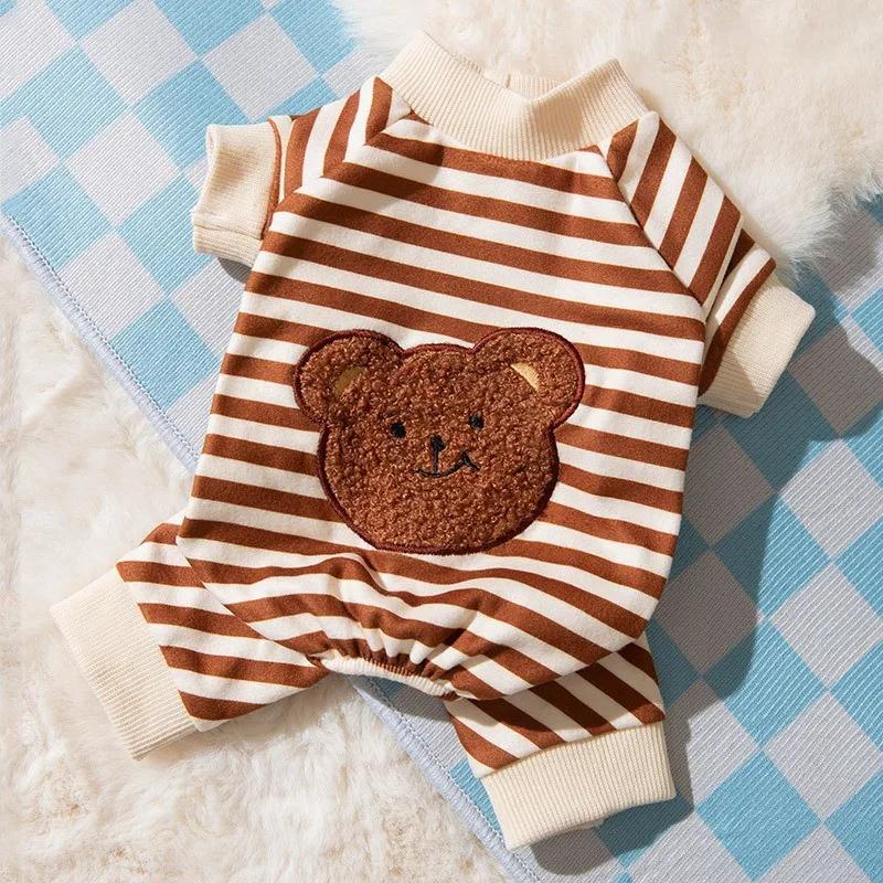Cute Bear Striped Thin Dog Jumpsuit Pet Coat Four Legs Dog Pajamas Kitten Puppy Sweatshirt Autumn for Small Dogs