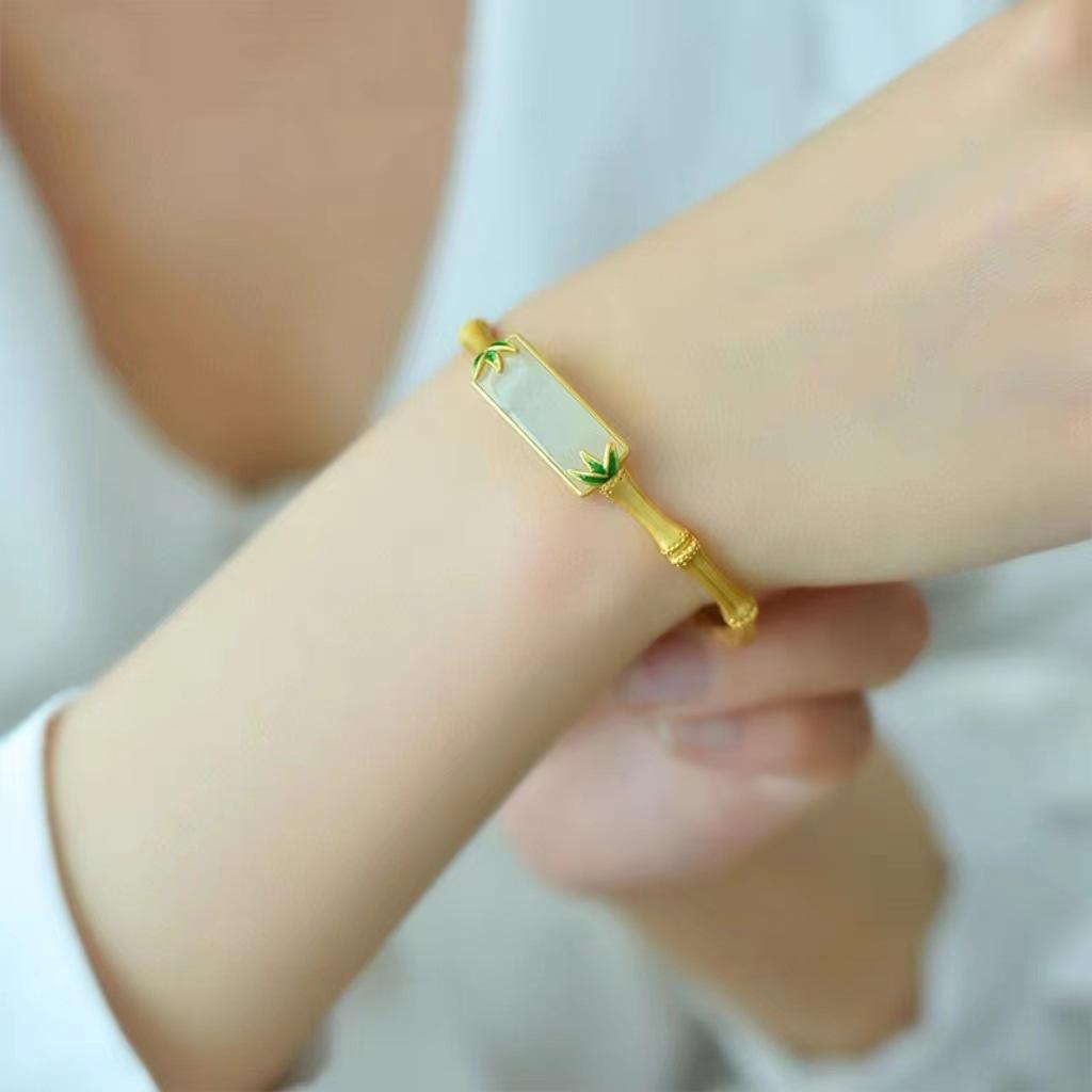 Vietnamese Jade Bamboo Leaf Bangle: Women’s Brass Gold-Plated Ancient Method Bracelet