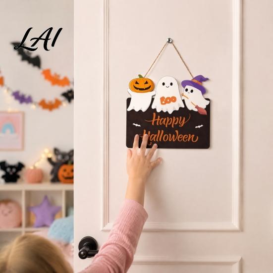 Black Orange Party Props Halloween Ghost Door Sign Cute Ghosts Wooden Hanging Wreath Rustic Happy Witch Broom Bat Sign Welcome for Home Wall