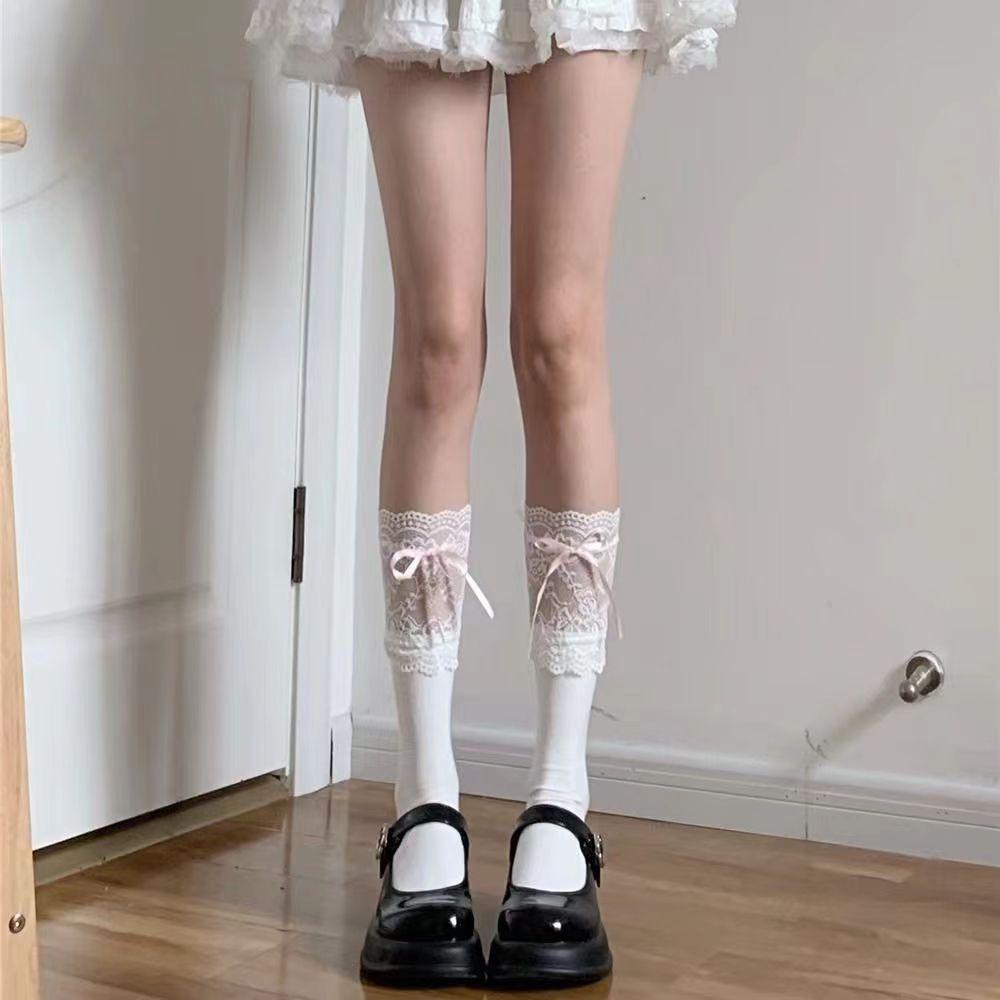 Lolita Lace Bow Over-the-Knee Socks - Japanese Style White Knee-High with Ribbon Tie