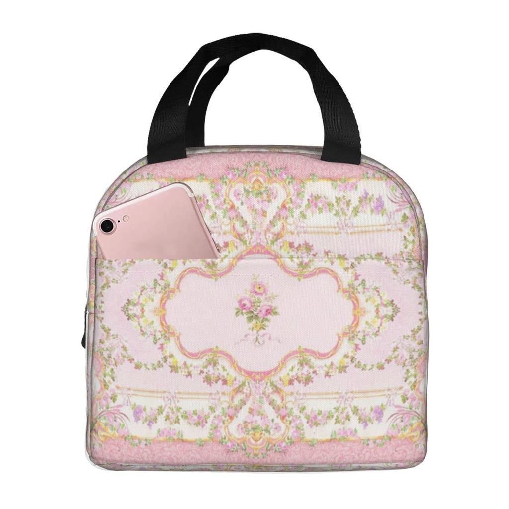 French Rococo Pink Floral Watercolor Panel Insulated Lunch Bag for Kids School Cooler Thermal Food Box Tote Lunch Boxes